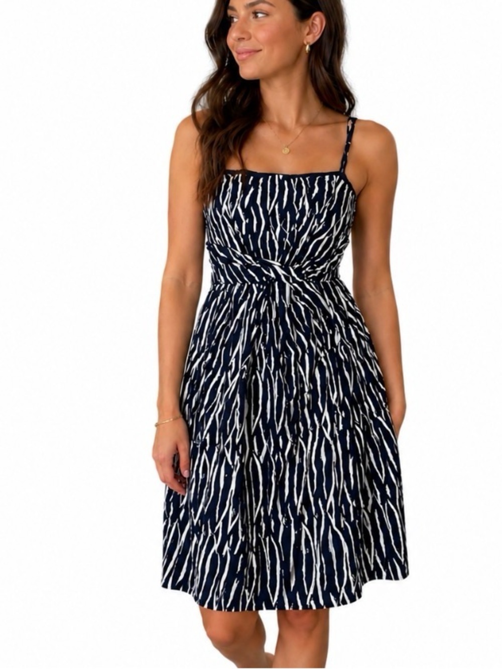 LOFT Navy/White Patterned Spaghetti Strap Dress gathered waist 100% cotton SZ 2